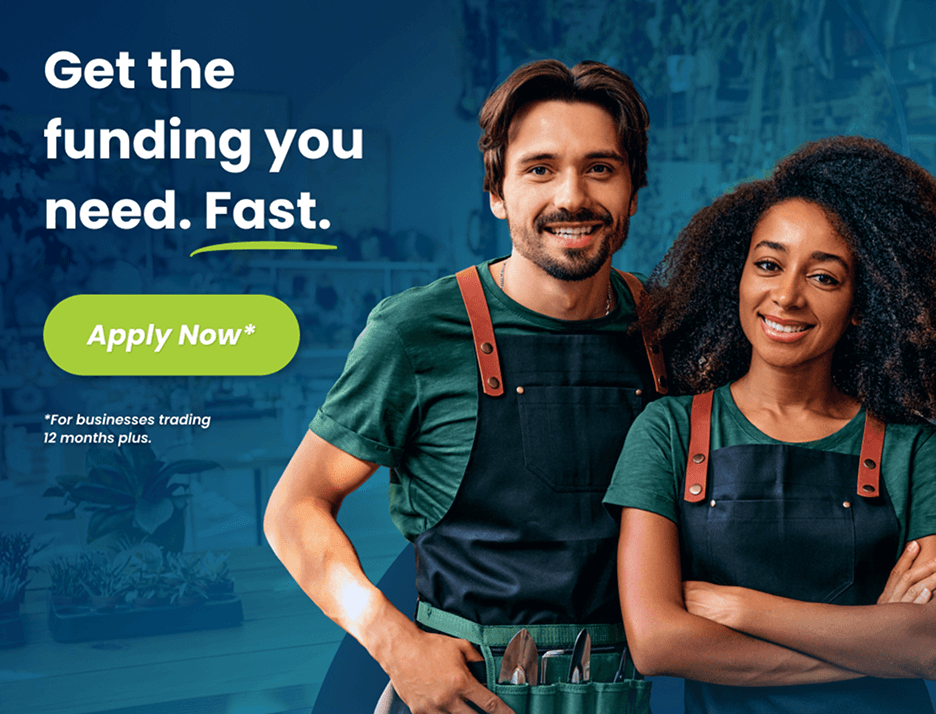 A branded advert with a man and woman wearing tradesperson clothes. The text says "Get the funding you need. Fast."