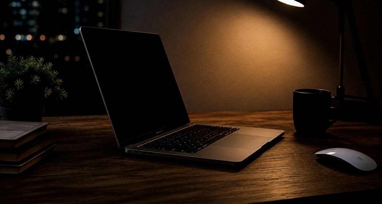A laptop and desk lamp on a wooden desk at night, with city lights through the window